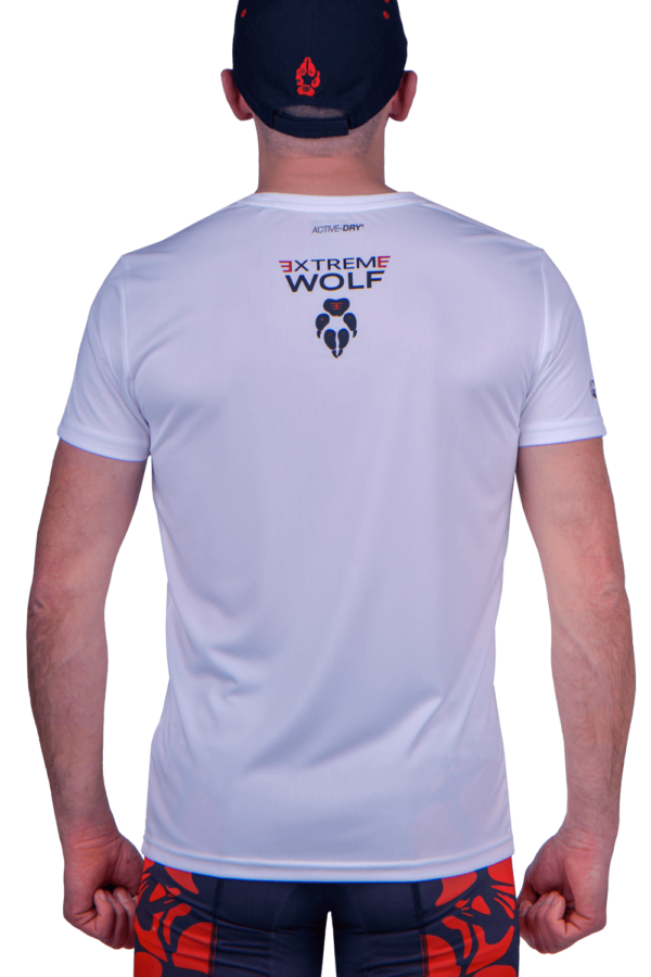koszulka do biegania wataha extreme wolf biała z czarnym napisem łapa wilka