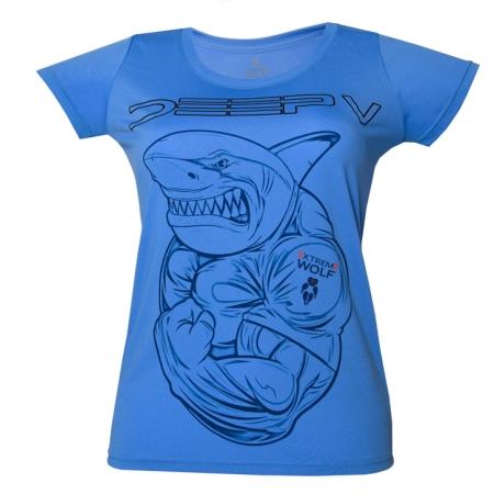 damska Koszulka DEEP V niebieska koszulka z rekinem, koszulka szybkoschnąca
