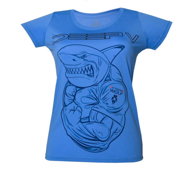 damska Koszulka DEEP V niebieska koszulka z rekinem, koszulka szybkoschnąca