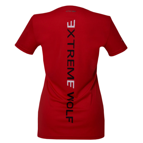 Koszulka Extreme Wolf damska czerwona bordowa koszulka do biegania dla sportowców koszulka dla biegaczy pionowy napis Extreme Wolf