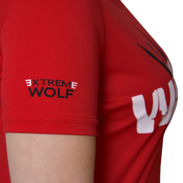 koszulka czerwona do biegania wataha szybkoschnąca koszulka odprowadzająca wilgoć logo na rękawku Extreme wolf