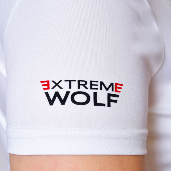 Koszulka Extreme Wolf damska biała koszulka do biegania dla sportowców koszulka dla biegaczy logo extreme wolf na rękawku